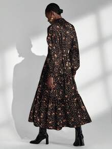 Chiquease 浪漫连衣裙，经典高领，复古优雅，长袖荷叶边花卉女士长裙，春秋季 - 黑色 - 查看 2