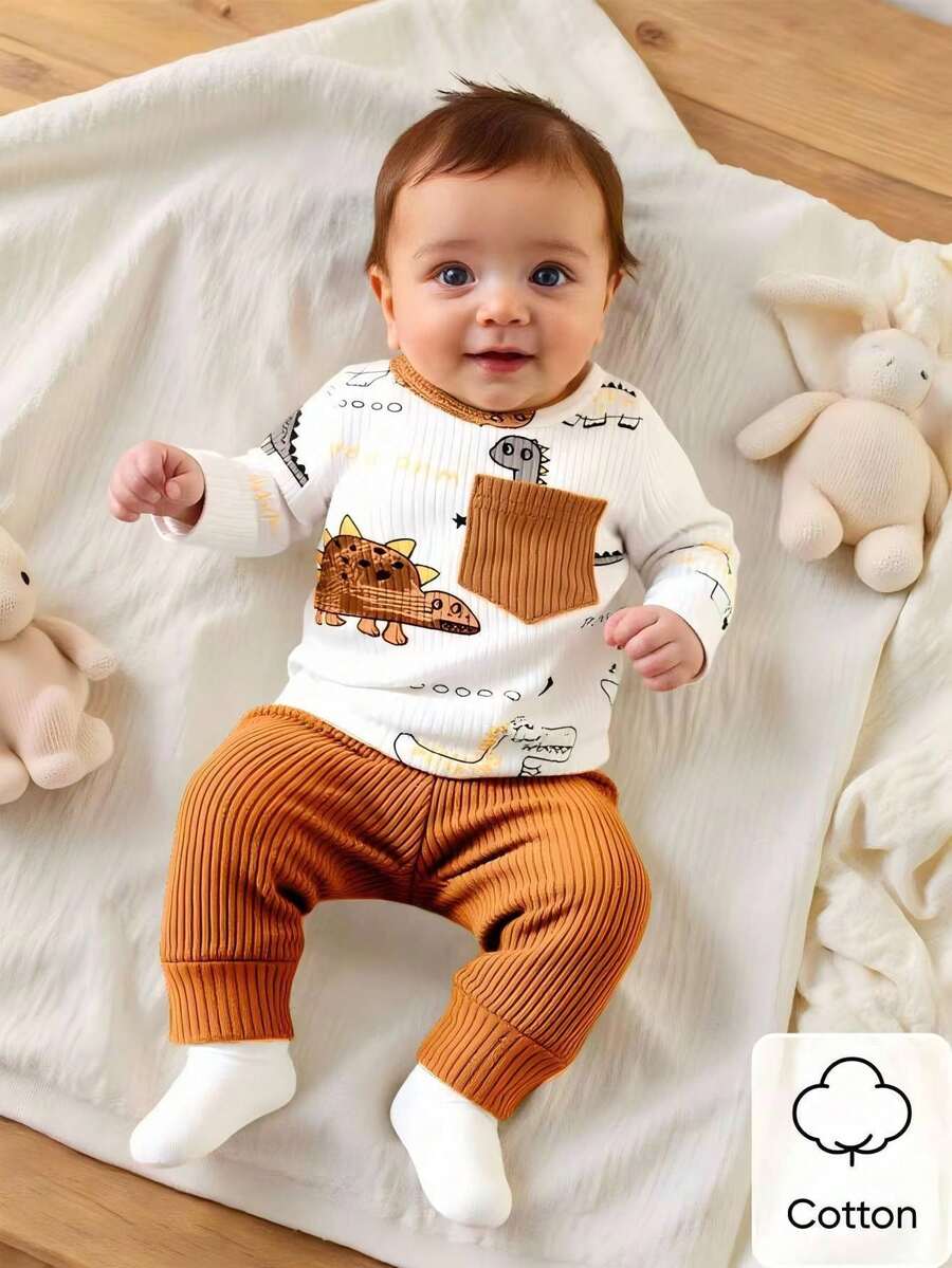 SHEIN 新生男宝宝白坑图案卡通恐龙图案印花拼接绿口袋长袖上衣配绿裤两件套可爱休闲运动时尚新款 - 棕色 - 查看 1