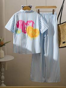 青少年女孩休闲条纹衬衫和裤子 T 恤套装，适合度假、郊游、学校、风格 - 彩色 - 查看 1
