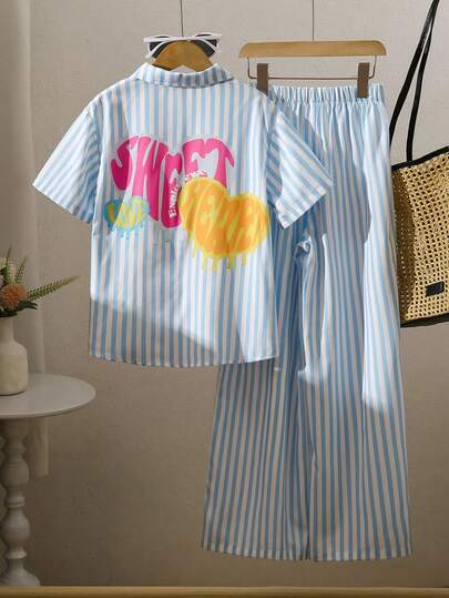 青少年女孩休闲条纹衬衫和裤子 T 恤套装，适合度假、郊游、学校、风格