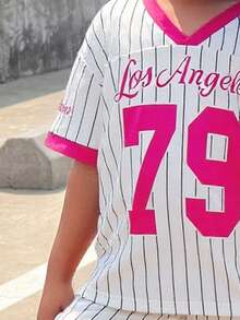 2件套少女针织数字图案条纹V领宽松T恤和短裤套装 - 白色 - 查看 3