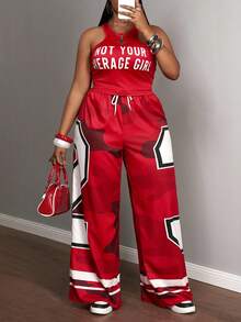 Slaydiva Women's 2 Pieces Outfit Red And White Summer Grunge Birthday Sports Style Round Neck I-Shaped Vest Slogan Letter Print Wide-Leg Pants Set - Red - View 8