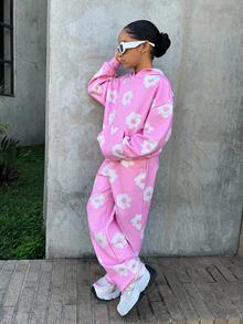 Set de 2 piezas de sudadera con capucha y pantalón jogger de estampado floral suave y casual para niñas preadolescentes - Rosa - Ver 2