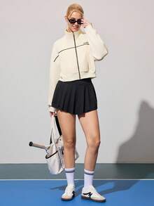 CourtClass Women's Autumn/Winter Thermal Lined Personalized Slogan Dropped Shoulder Drop Shoulder Loose Pocket Stand Collar Contrast Zipper Sports Casual Tennis Jacket - Apricot - View 4