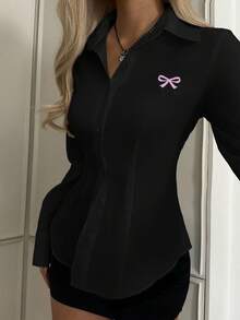 SHEIN EZwear 蝴蝶結印花女款休閒收腰長袖襯衫，適合秋冬穿著 - 黑色 - 查看 5