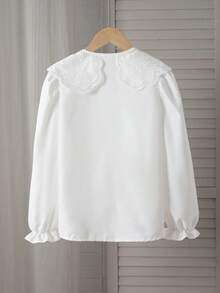 青少年女孩休闲时尚衬衫，蕾丝领，门襟设计，泡泡袖，适合返校、春季、夏季、秋季、休闲、优雅、日常穿着、度假、秋冬拍照 - 白色 - 查看 2