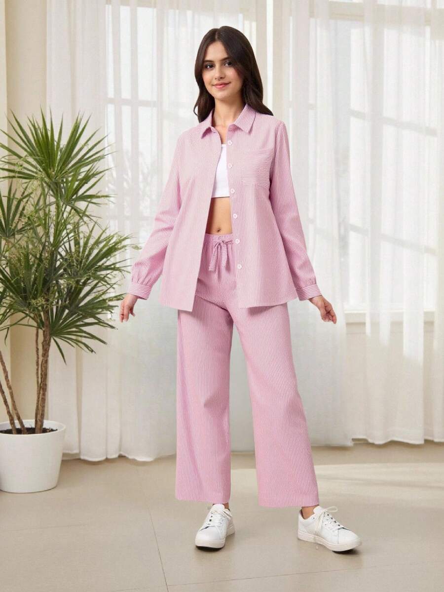 2pcs/Set Teen Girl Striped Loose Shirt And Straight Leg Pants Casual Suit