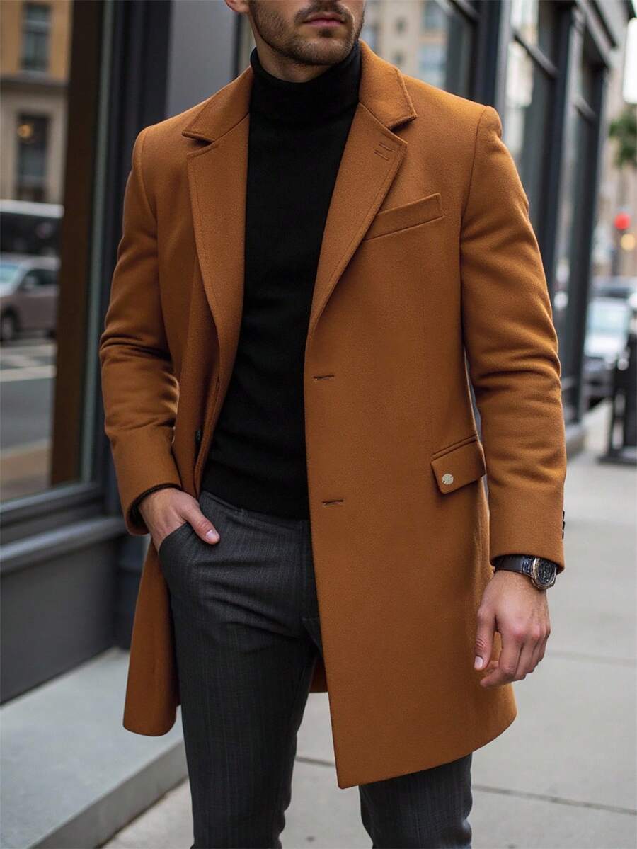 Manfinity CasualCool 男士纯色口袋纽扣长袖大衣，秋季外出外套，送给朋友、丈夫、男友的礼物，男士秋季外套，棕色正装外套，男士大衣，男士棕色外套 - 棕色 - 查看 1
