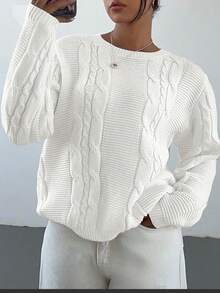 SHEIN Teen Girl White Crew Neck Loose Fit Cable Knit Sweater, Collegiate Style Casual Pullover Cropped White Sweater Fall Winter - White - View 5
