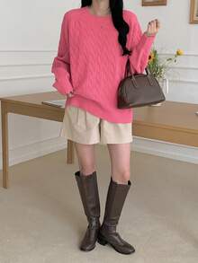 DAZY Suéter casual de punto de cable de cuello redondo de manga larga y ajuste holgado de unicolor rosa para mujer, otoño/invierno