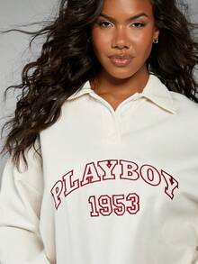 Missguided x Playboy Oversized Collared Button Up Sweatshirt Casual Pullover Long Sleeve Fall Winter Fashion Top - Apricot - View 5