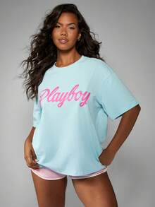 Missguided x Playboy Baumwoll-Oversize-Grafik-T-Shirt, lässiger Sommer-Streetwear-Grundbedarf - Babyblau - Übersicht 1