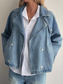 Livesso 女式宽松翻领牛仔夹克，秋季 - 藍色 - 查看 5