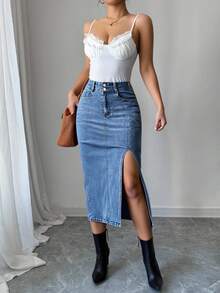 Elenzga Women's Casual Denim Skirt With Slits - Light Wash - View 3