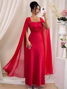 SHEIN Raffinéa 女士优雅褶皱束腰超长雪纺喇叭袖连衣裙 - 紅色 - 查看 3