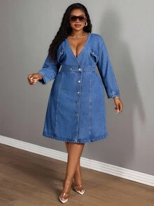Slaydiva Váy denim hở lưng cỡ lớn dành cho nữ có dây buộc phía sau - Rửa trung bình - Xem 4
