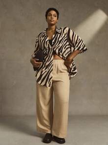 Linhara Áo sơ mi dáng rộng, tay 3/4, họa tiết ngựa vằn cỡ lớn dành cho nữ - Màu be - Xem 4