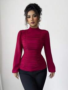 Elenzga 25-30+ 女士休闲秋冬褶皱泡泡袖高领优雅 T 恤 - 紅色 - 查看 4