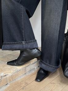 DAZY 女士宽松直筒牛仔裤，休闲街头风，带保暖内衬，冬季款 - 深色水洗藍 - 查看 3