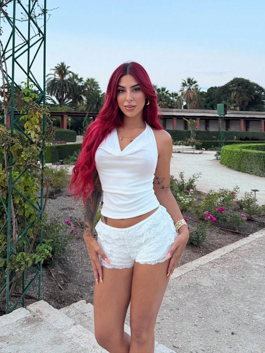 Bearsaez 女士时尚撞色蕾丝边网眼多层荷叶边蛋糕形超短裤，音乐节，春夏 - 白色 - 查看 1