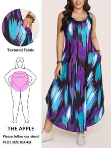 Comfylo 大码女装夏装无袖圆领彩色抽象印花长款夏季休闲度假波西米亚风连衣裙万圣节服装女装冬季连衣裙女士复古连衣裙 - 彩色 - 查看 1