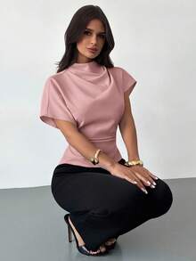 Firerie 褶皱领不对称袖侧边褶皱收腰通勤杏色竹麻面料女式衬衫，四季皆宜 - 粉色 - 查看 2