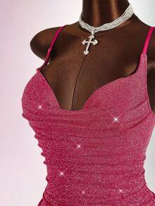 Y2K Amplova 加大码闪亮 V 领无袖修身性感派对褶皱迷你连衣裙，适合派对 - 酒紅色 - 查看 4