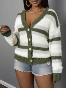 Slaydiva 女士休闲日常宽松条纹 V 领前开针织开衫，基本色，秋冬