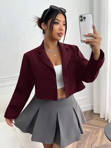 SHEIN EZwear 秋冬加大码酒红色单排扣优雅办公室长袖西装外套 - 酒紅色 - 查看 1