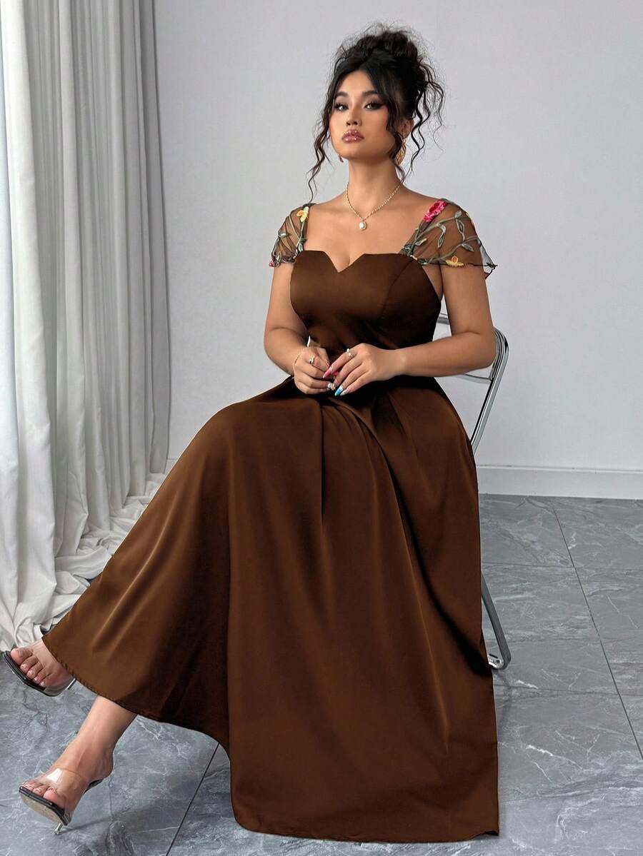 Auvina 女士优雅提花拼布夏季连衣裙 - 咖啡棕 - 查看 1