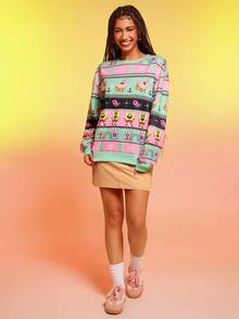 SpongeBob SquarePants | SHEIN Women's Casual Cartoon Pattern Color Block Crew Neck Long Sleeve Sweatshirt, Fall/Winter Pullover Outfit Christmas Cute Sweatershirt