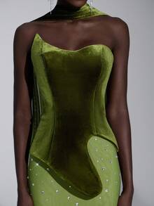 Elitara 优雅奢华军绿色天鹅绒面料重工装饰不对称领口亮片鱼尾裙，女士正式晚礼服 - 軍綠色 - 查看 7