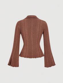 SHEIN MOD Women's Casual Solid Color Bell Sleeve Button Front T-Shirt,Autumn/Winter,Halloween Clothes ,New Year Women's Clothes,Thanksgiving, Warmth,Casual - Brown - View 4