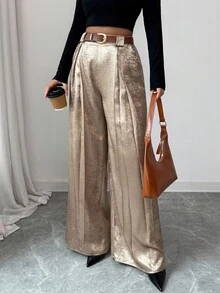 Elenzga 女士金属质感褶皱阔腿宽松优雅裤 - 金色 - 查看 7