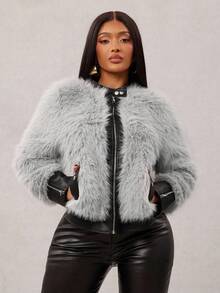 Radiana Women's New PU Leather Patchwork Fluffy Jacket, Fashionable Personalized, Fitted, Thickened With Thermal Lining In Fall/Winter,Faux Fur,ملابس شتوية للنساء - Grey - View 5