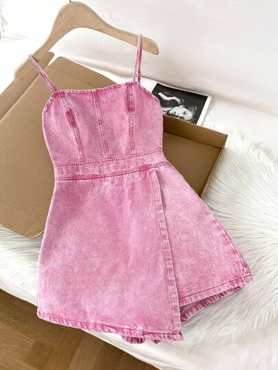 Comfortcana Women's Solid Color Cross-Wrapped Asymmetric Hem Spaghetti Strap Denim Jumpsuit