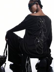 LYSMO 2025 New Arrive Minimalism Fall Women Casual Rhinestone Letter Pattern Round Neck Long Sleeve Shirt Long Sleeve Graphic Tshirt For Going Out Outfits, Back To School, Graduation, Streetwear, Grunge And Punk Chic, Y2K Clothes And Stockholm Style - Black - View 2