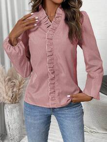 EMERY ROSE Women's Casual Shirt With Ruffle V-Neck And Lantern Sleeves