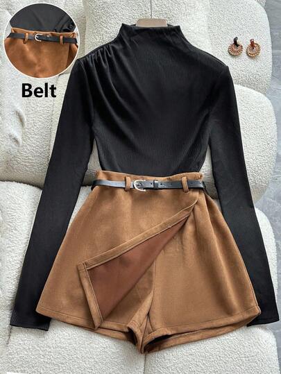 Franclia 2 件套女士休闲通勤装，包括立领褶皱针织弹力修身长袖上衣和系带短裙，秋冬