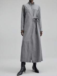 Ontre 2025秋季新款，适合5-15°C，优雅梭织长款衬衫裙，腰部系带，带口袋，商务休闲，通勤，日常穿着，秋冬季，圣诞节，新年 - 灰色 - 查看 5