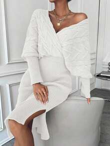 EMERY ROSE Batwing Sleeve Split Hem Wrap Sweater Dress Knitted Co Ord Setknitted Two Pieces Outfitsweater Skirt Setsweater Two Pieces Setwinter Two Pieces Set Elegant Knit Dress Long Sleeve Knit Dress Cream Knit Dress Cable Knit Dress White Knit Dress - White - View 1