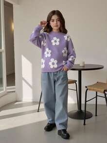 SHEIN Tween Girl Floral Pattern Drop Shoulder Sweater Kids Fall Sweaters Kids Girls Fall Sweaters Tween Girl Sweaters Kids Jumper