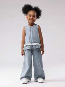 SUMWON 2 Pcs Summer Denim Set Lace Trim Peplum Sleeveless Top Wide Leg Pants Casual Western Outfit Light Wash Cotton Broderie Ruffle Detail Children Set - Baby Blue - View 1