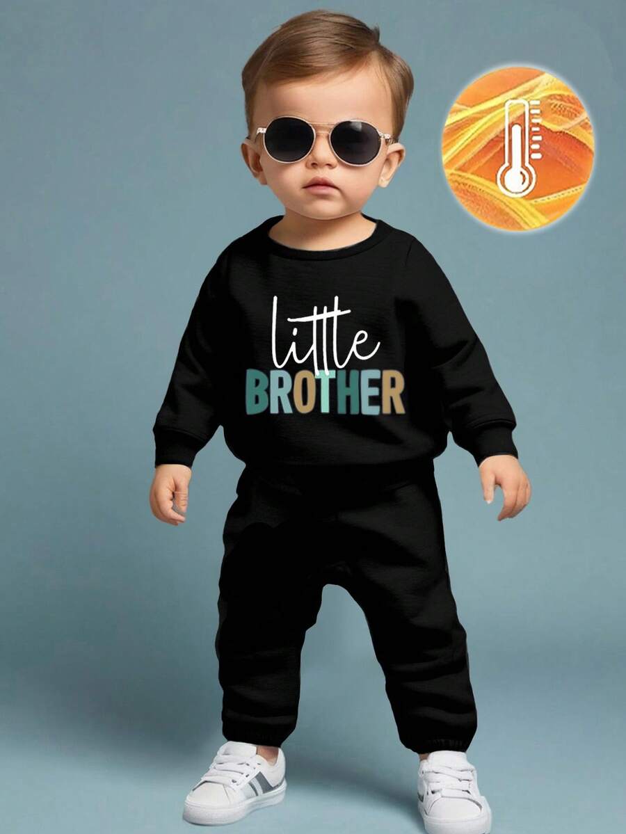2pcs/Set Baby Boy Fashion Black Colorful Letter Print Fleece Sweatshirt & Sweatpants Outfit,Cute Matching Family Autumn/Winter Long Sleeve Set - Black - View 1