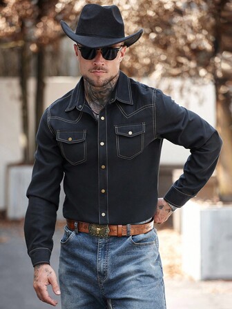 Manfinity Nomadique Men's Casual Commuter Contrast Stitching Shirt Mens Western Shirts Cowboy Shirt Jacket, Men S Black Western Shirt, Western Shirt For Men With Snaps, Mens Western Shirts, Rodeo Shirt Men, Black Western Shirt Men