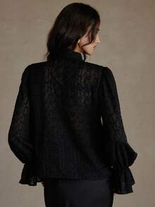 Aveloria Camisa de manga larga con cuello de lazo, mangas acampanadas y cortes en capas, de estilo retro francés y versátil - Negro - Ver 3