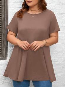 SHEIN CURVE+ Plus Size Casual Solid Color Short Sleeve T-Shirt, Summer - Camel - View 5