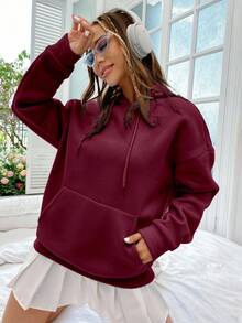 SHEIN Unity Love Yourself Distorted English Graphic Oversized Drop Shoulder Long Hoodie Sweatshirt - Burgundy - View 4