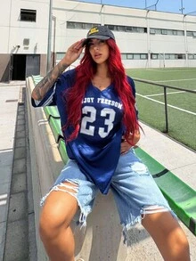 Bearsaez Shorts de mezclilla casuales simples con bolsillo delantero y efecto desgastado para mujer - Azul - Ver 5