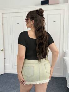 CovetEZ Plus Ruched Bust Square Neck Crop Tee - Black - View 3